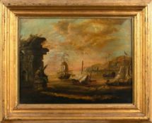 English School 19th Century- Mediterranean coastal scene, classical ruin in the foreground,