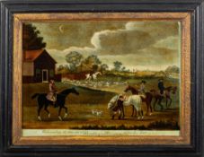A George III reverse painted mezzotint: `Unkennelling the Fox Hounds'.25.5 x 36cm.