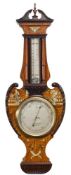 A substantial rosewood and marquetry inlaid aneroid barometer: the round silvered dial engraved