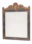 A Continental carved, black lacquered and parcel gilt framed wall mirror in 18th century taste,