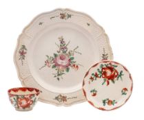 A late 18th century creamware teabowl and saucer and an early pearlware plate: the first painted