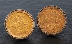 A pair of cufflinks set with Edward VII gold sovereign coins, 1910,