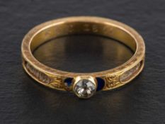 A Victorian old-cut diamond, blue enamel and hairwork mourning ring,: estimated diamond weight ca.