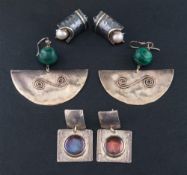 Three pairs of earrings,: including a pair with malachite beads, stamped with maker's mark 'MKFH',