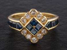 An 18ct gold, round, brilliant-cut diamond and calibre-cut sapphire ring,