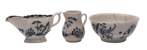 Three pieces of Plymouth blue and white porcelain: comprising an oval fluted sauceboat painted with