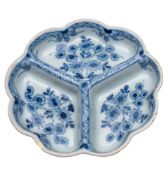 An English blue and white delftware sweetmeat tray: of lobed circular form,