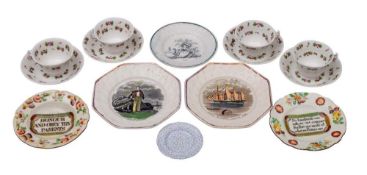 A collection of five 19th century pottery nursery plates and four child's cups and saucers: the