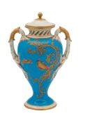 A Royal Worcester turquoise ground two-handled pot-pourri vase and cover: possibly decorated by