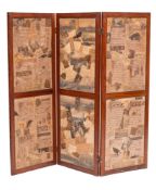 An oak three fold screen with inset watercolour studies of landscapes:,