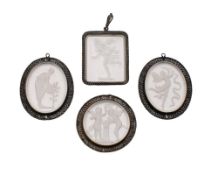 A group of four reverse glass cameos: depicting Neo-classical subjects contained within wirework