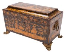 An early 19th century penwork tea caddy: of sarcophagus outline,