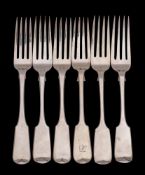 Six assorted provincial silver Fiddle pattern table forks, maker Josiah Williams & Co,