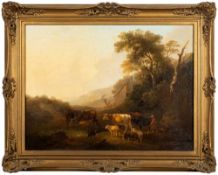 Frank D Traies [19th Century]- Shepherd boy with cattle, sheep, hounds and a pony crossing a ford,