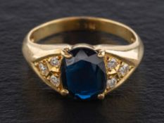 A sapphire and round, brilliant-cut diamond ring,: estimated sapphire weight ca. 1.