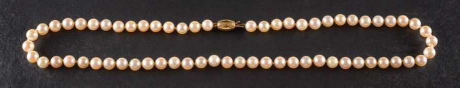 A single-row, cultured pearl necklace,: the pearls of creamy hue with pinkish overtones,