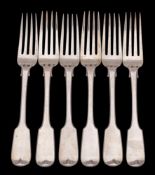 A set of six Victorian provincial silver Fiddle pattern table forks, maker Robert Williams & Sons,