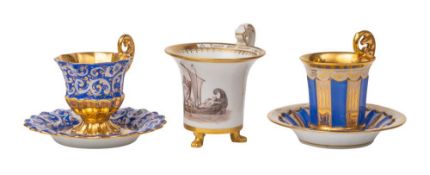 A Ludwigsburg cup in Empire style and two other Continental cups and saucers: the first painted en