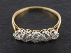 An old-cut diamond five-stone ring,: estimated total diamond weight ca. 0.75ct.