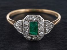 An rectangular step-cut emerald, round brilliant and single-cut diamond ring,