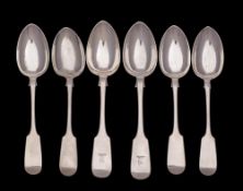 A set of four Victorian provincial silver Fiddle pattern dessert spoons, maker John Stone, Exeter,