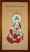A Chinese gouache depicting Guanyin: seated on a lotus flower with fiery halo behind, 91 x 51cm,