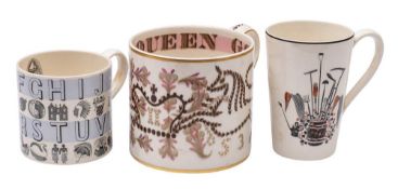 Two Wedgwood creamware mugs designed by Eric Ravilious and a Queen Elizabeth II Coronation mug by