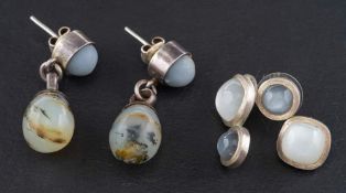 Two pairs of gemset drop earrings,: one pair of silver earrings with moss agate drop pendants,