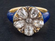 A blue enamel, single-cut and pear-shaped diamond ring of flowerhead design,