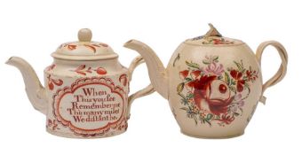Two creamware teapots and covers, possibly William Greatbatch: both with double crossover handles,