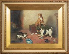 Claude Hunt [1863-1949]- A commotion by the hearth,:- signed bottom right oil on canvas, 24 x 34cm.