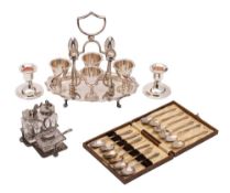 An Edward VII silver three-division condiment stand, maker James Dixon & Sons Ltd, Sheffield,