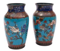 A pair of Chinese cloisonne enamel vases: of ovoid form,