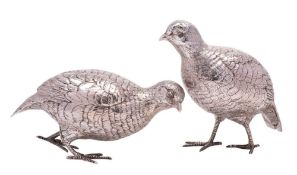 A pair of Elizabeth II silver models of a cock & hen partridge, maker Edward Barnard & Sons Ltd,