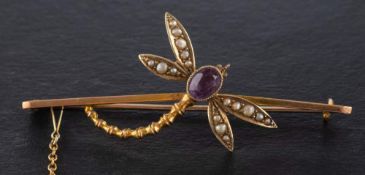A Victorian, amethyst and seed pearl dragonfly bar brooch,: stamped '9C', length ca.