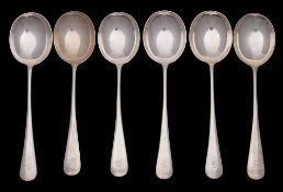 A set of six George V silver Hanoverian pattern soup spoons, maker Allen & Darwin, Sheffield,