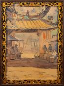 Indonesian School early 20th Century- View to a pagoda archway, figures in the foreground,