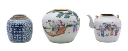 Three pieces of Chinese porcelain: comprising two oviform jars,