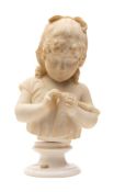 A 19th century marble bust of a young girl: with ribbon tied hair, holding a handkerchief,