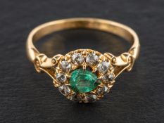 An 18ct gold, pear-shaped, mixed-cut emerald and old-cut diamond cluster ring,
