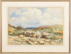 David Bates [1840-1921]- Sheep grazing on an upland moor,:- signed, watercolour, 34.5 x 51.5cm.