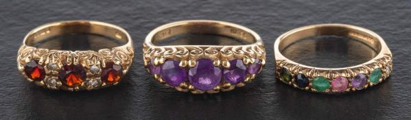 Three 9ct gold gemset rings,