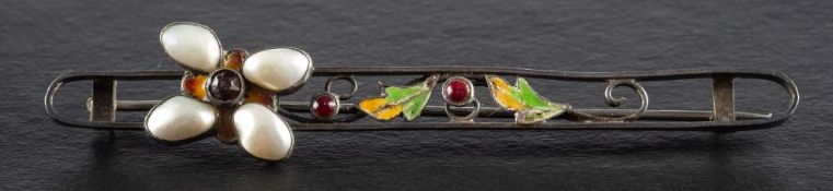 Attributed to George Hunt, an Arts and Crafts silver, blister pearl, garnet and enamel brooch,