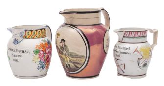 A group of three early 19th century inscribed pearlware jugs: one painted with a sportsman squire