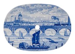 A Thomas & Benjamin Godwin 'View of London' blue and white pottery drainer: transfer printed with a