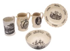 A group of five pieces of late 18th/early 19th century creamware: comprising two jugs, a mug,