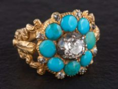 A turquoise and cushion-cut diamond ring of flowerhead design,