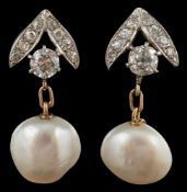 A pair of diamond and baroque pearl drop earrings,: estimated principal diamond weight ca.