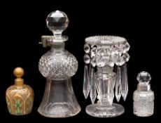 A small group of glass: comprising a small overlaid scent bottle decorated with panels of foliage