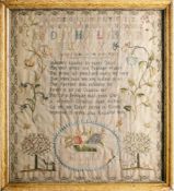 A George III needlework sampler: with alphabet, verse, animals and bowl of fruit,